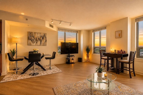 Golden hour in the living room — book now and enjoy evenings like this.