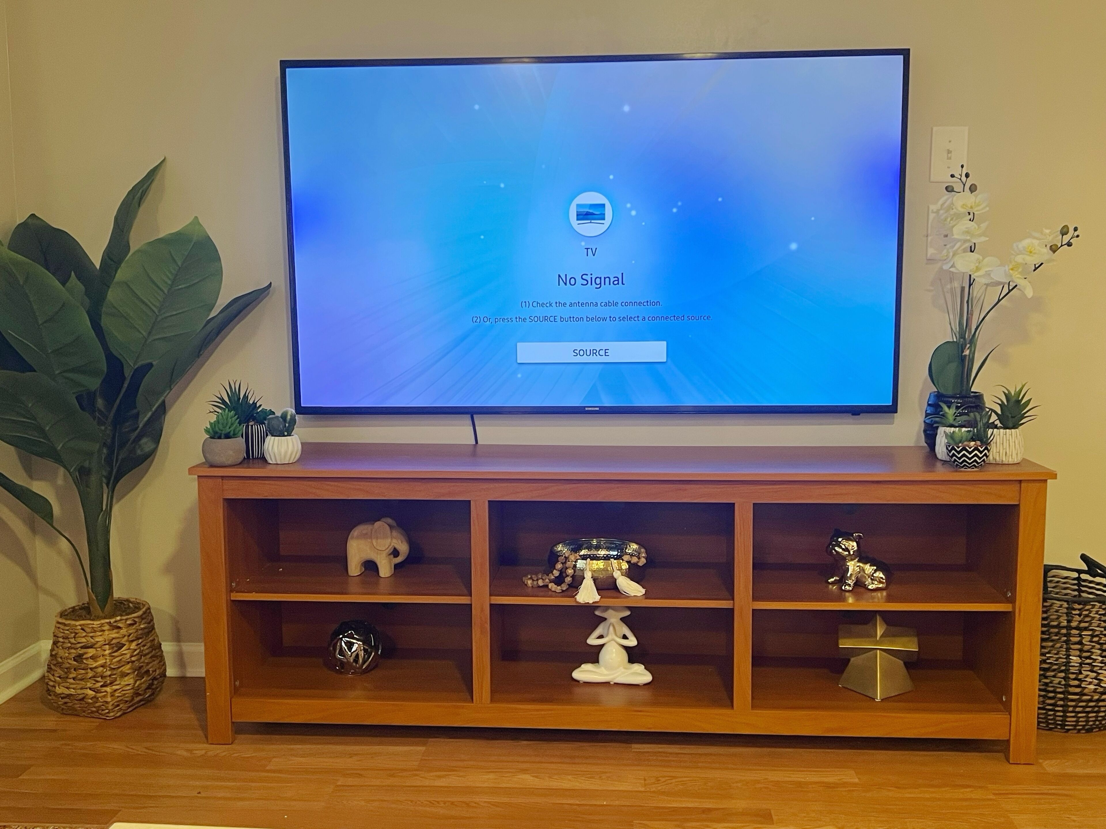 A television on a wooden stand with decorative items and a large plant beside it.