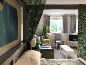 Smart TV, fireplace, DVD player, books