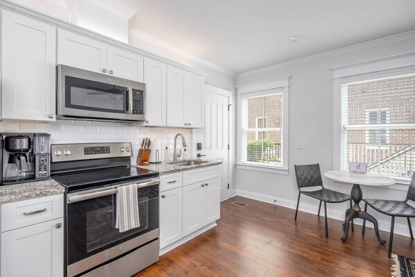 Fridge, microwave, oven, coffee/tea maker