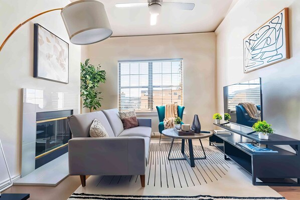 TV, fireplace, offices