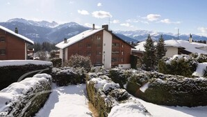 Een besneeuwde bergdorp met traditionele houten gebouwen, een heldere lucht en een uitzicht op besneeuwde bergtoppen in de verte.