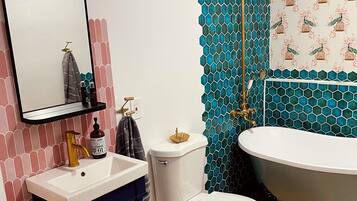 Hair dryer, towels, soap, toilet paper