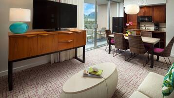 50-inch flat-screen TV with cable channels, DVD player