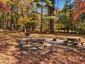 A forested campsite with picnic tables and a fire pit. - Old Hickory Cabin in the Woods (Vowinckel)