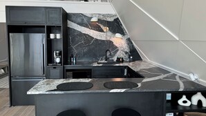 A modern kitchen with a marble backsplash, a built-in refrigerator, and a sink.