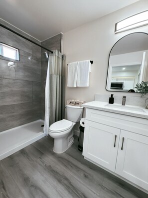 Shower, hair dryer, towels, soap