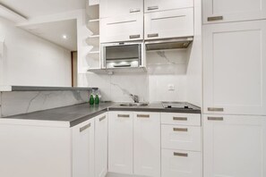 Fridge, oven, stovetop, coffee/tea maker