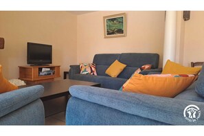 Smart TV, fireplace, DVD player, books