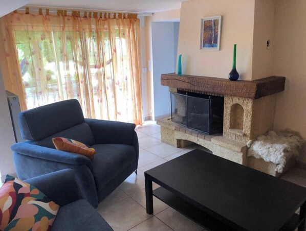 Smart TV, fireplace, DVD player, books