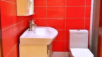 Shower, free toiletries, towels, soap