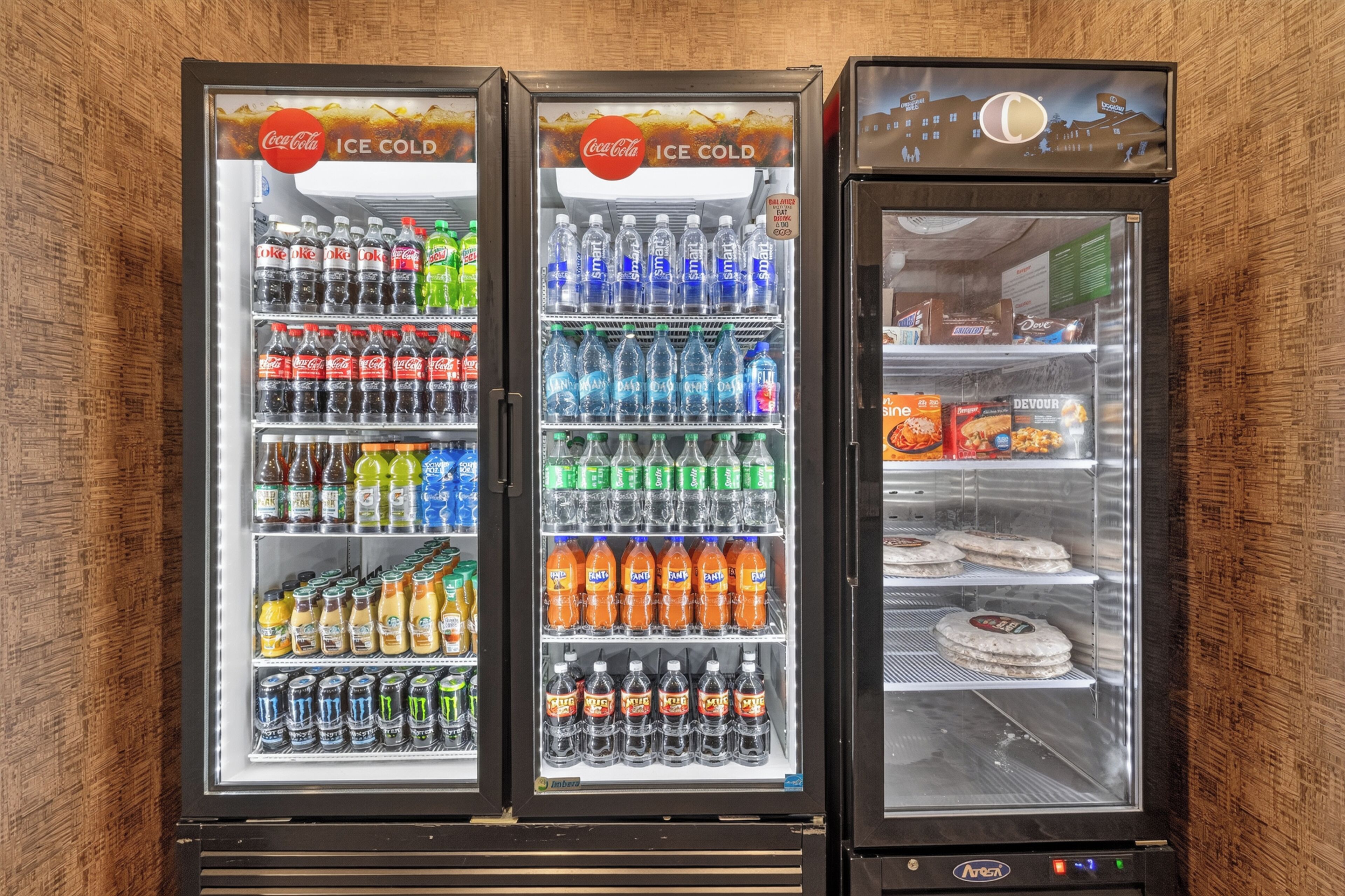 A vending machine with multiple beverage options including sodas, juices, and energy drinks.