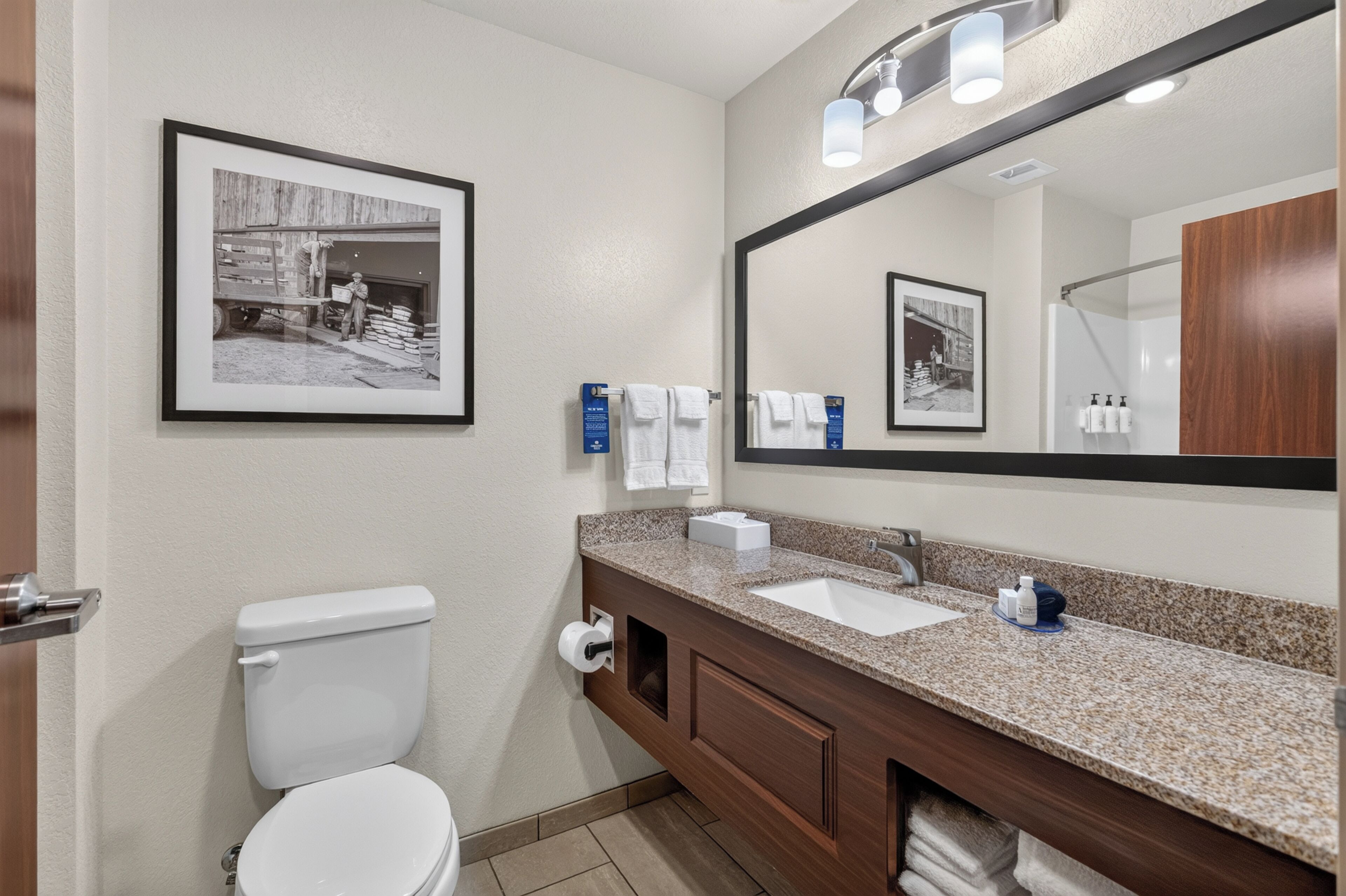 A hotel bathroom with a toilet, sink, and mirror.