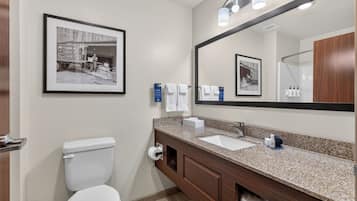 A hotel bathroom with a toilet, sink, and mirror.