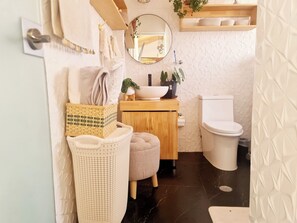 Hair dryer, towels, soap, toilet paper