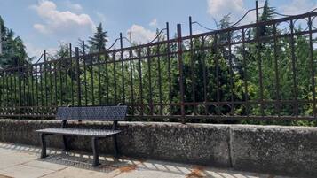 A bench by a metal fence with trees in the background.