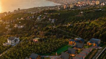 An aerial view of a residential area with houses, roads, and a coastline.