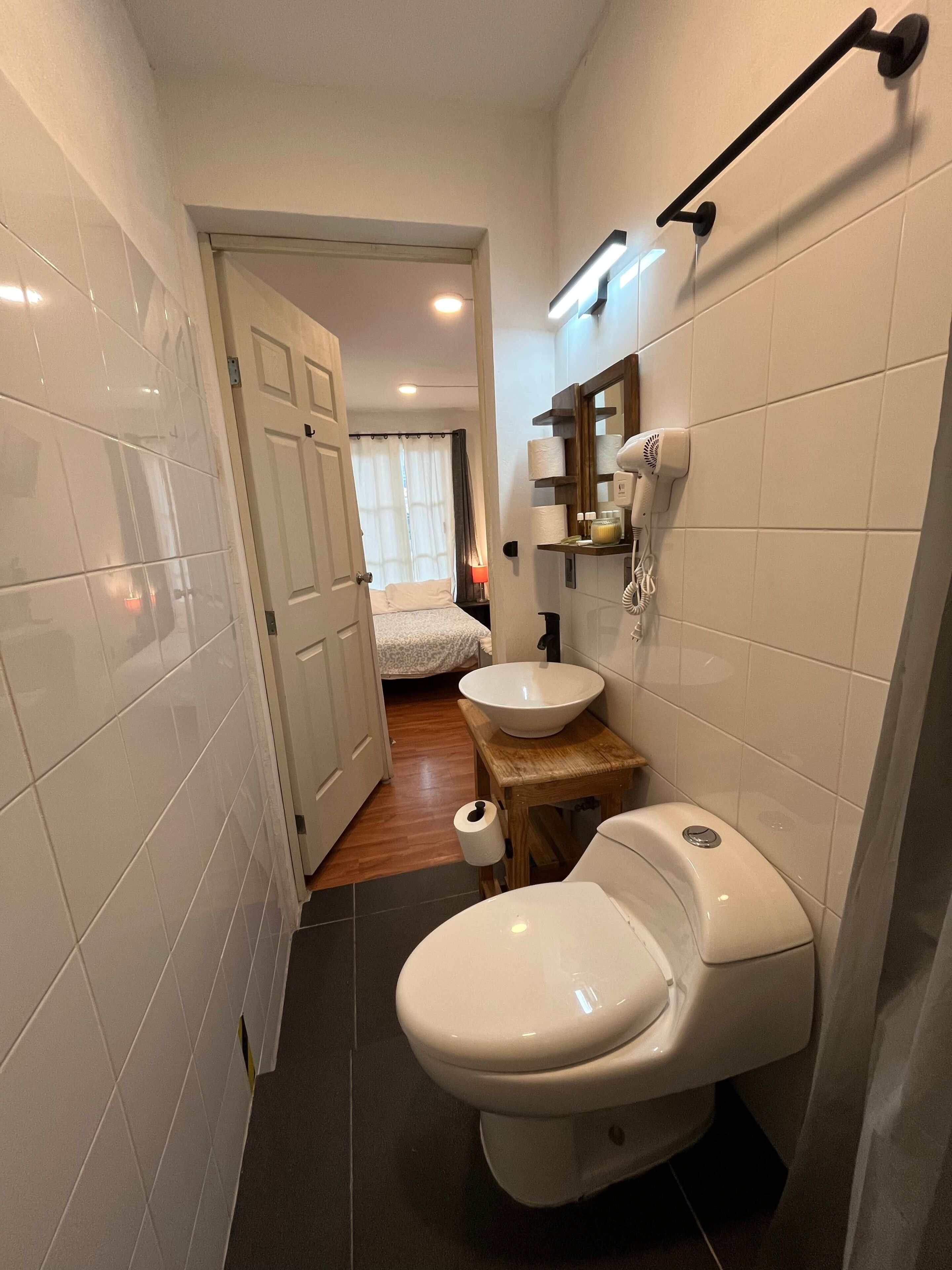 Hair dryer, towels, soap, shampoo