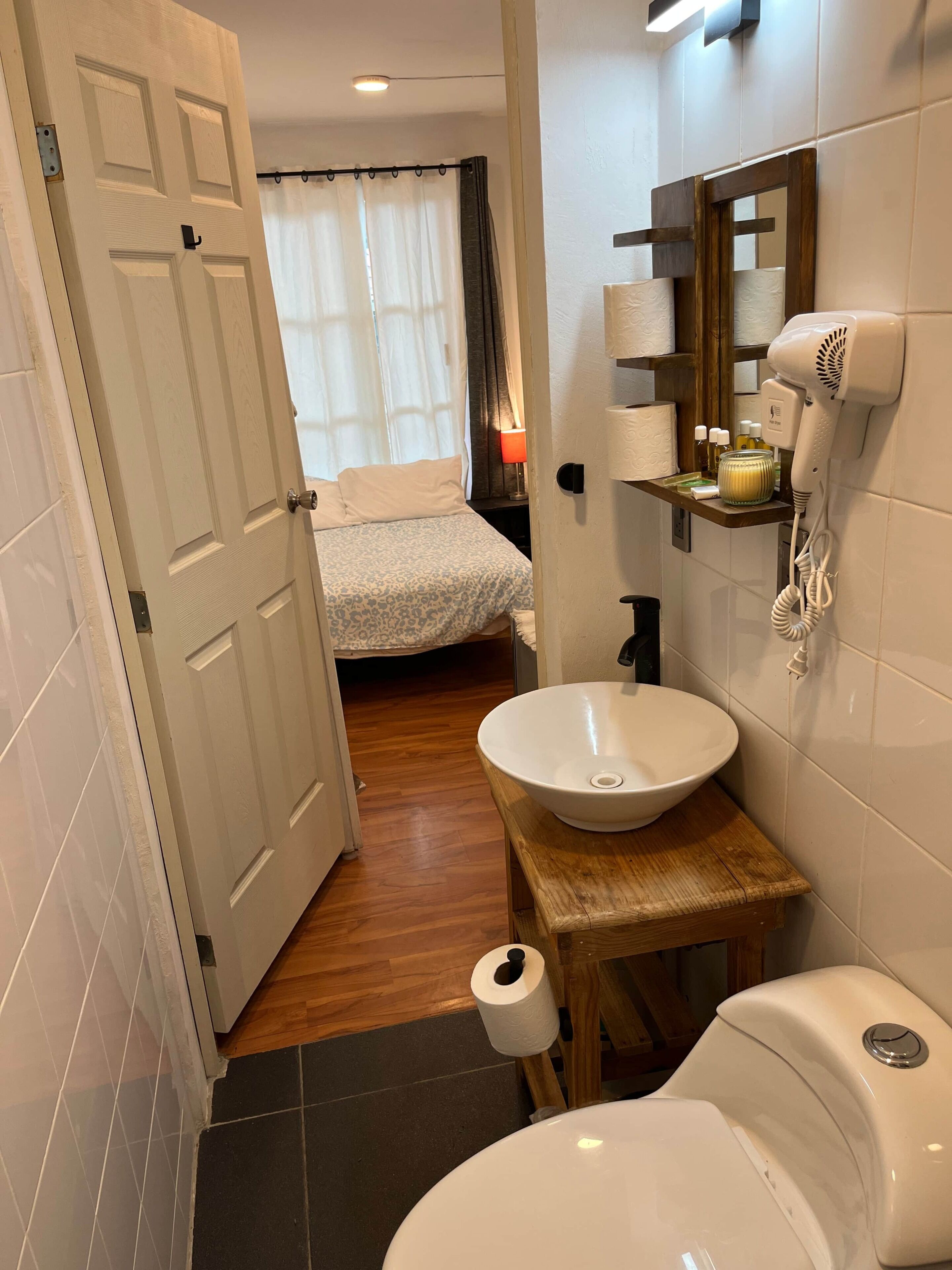 Hair dryer, towels, soap, shampoo