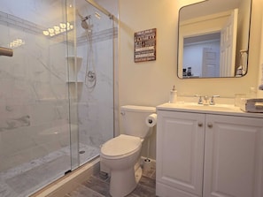 Hair dryer, towels, soap, toilet paper