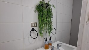 Et badeværelse med et hvidt håndvask, spejl og en hængende plante.