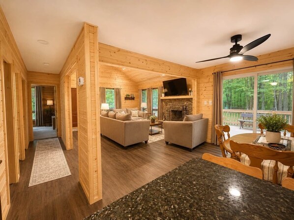 Smart TV, fireplace, books