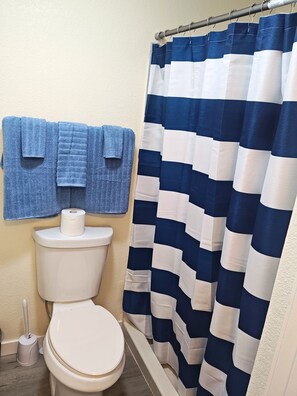 Shower, towels, soap, toilet paper