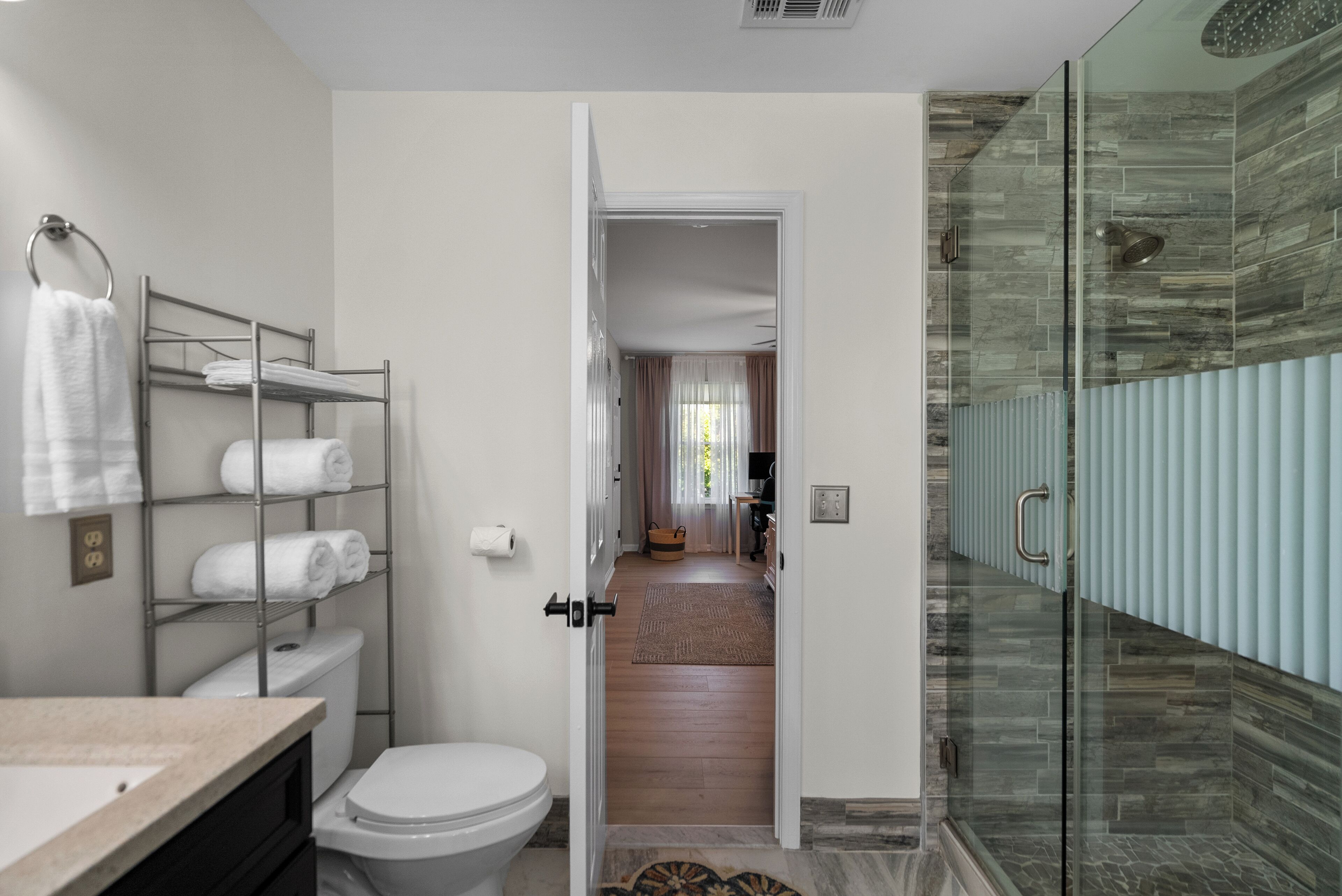Shower, hair dryer, towels, soap