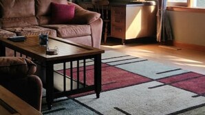 A living room with a brown sofa, a wooden coffee table, and a patterned rug.