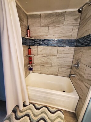Hair dryer, towels, soap