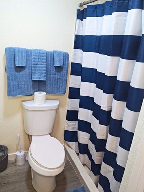 Shower, towels, soap, toilet paper