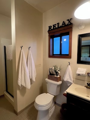 Secador de pelo, toallas, jabón, papel higiénico