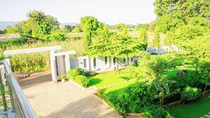 Un jardin avec un chemin dallé, une structure blanche et une végétation luxuriante.