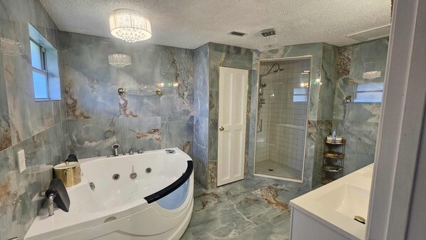 Shower, jetted tub, hair dryer, towels