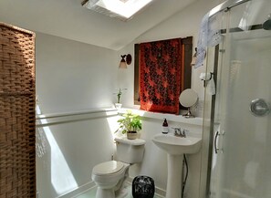 Shower, hair dryer, towels, soap