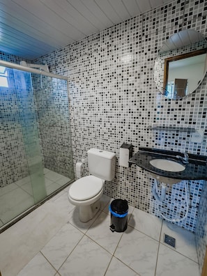 Shower, towels, toilet paper