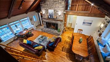 Smart TV, fireplace, books
