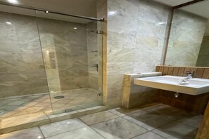 Shower, bidet, towels, toilet paper