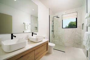 Shower, hair dryer, towels