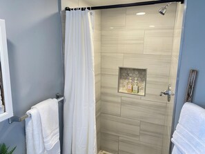 Hair dryer, towels, soap, shampoo