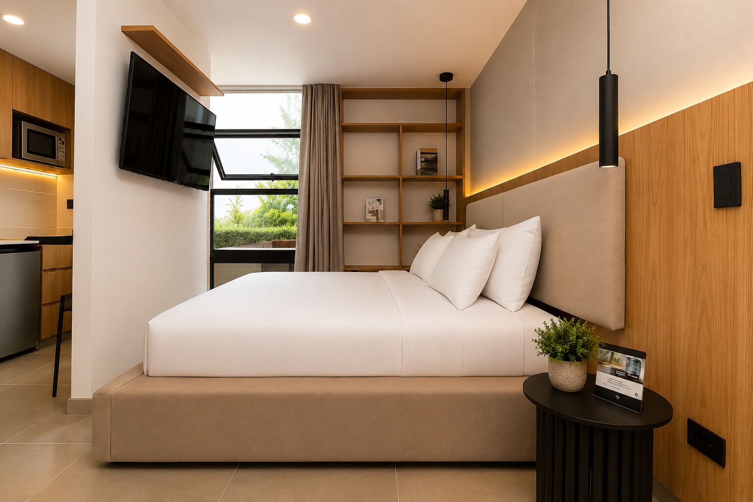 A modern bedroom with a bed, bedside tables, a TV, and a window with curtains.