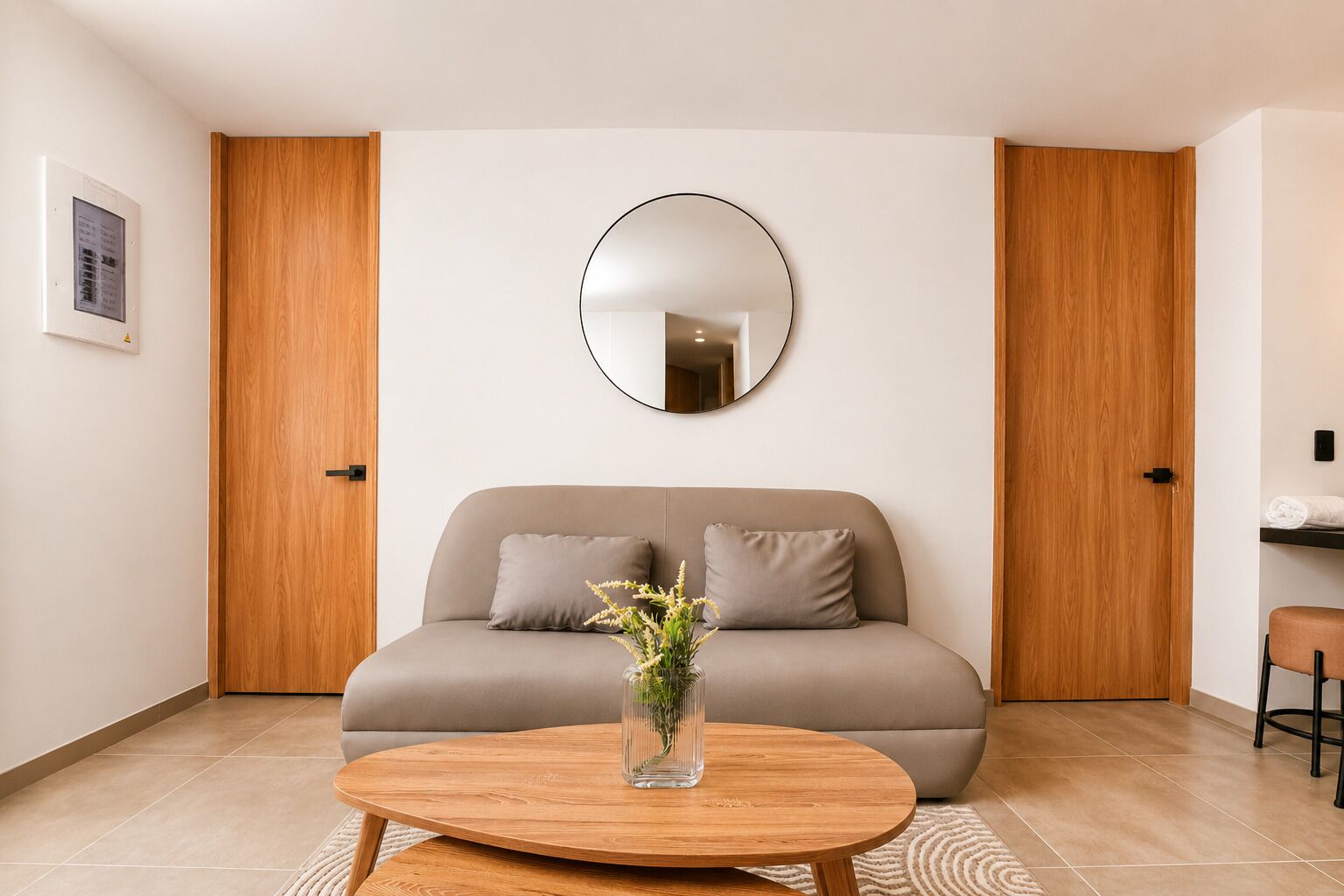 A modern living room with a sofa, a round mirror, and a coffee table with a vase of flowers.