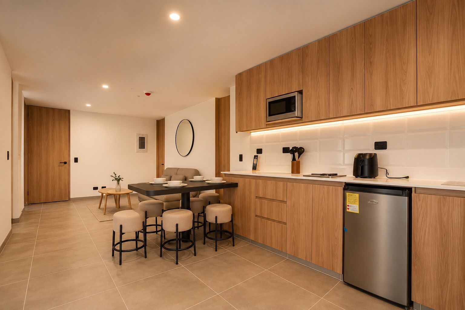 Une cuisine moderne avec des meubles en bois, un réfrigérateur en acier inoxydable et un four à micro-ondes.
