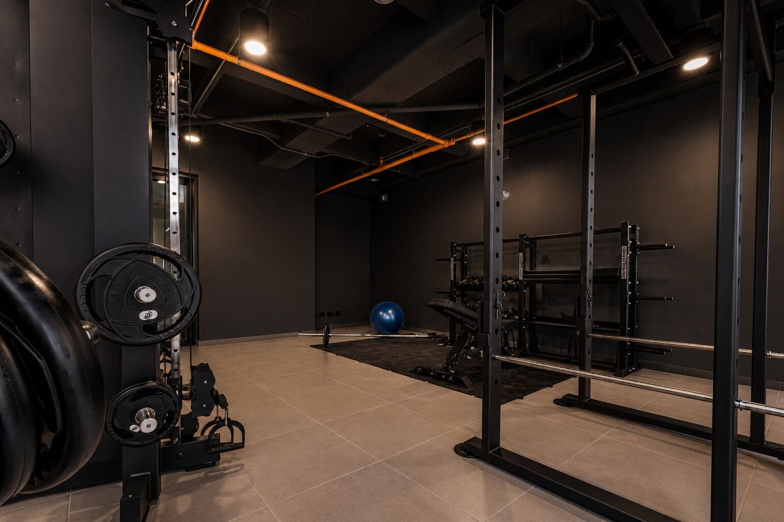 Ein Fitnessraum mit Gewährleistungsausrüstung, einem blauen Übungsball und einem Squat-Gestell.