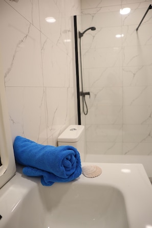 Shower, hair dryer, towels, soap