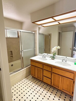 Hair dryer, towels, soap, toilet paper