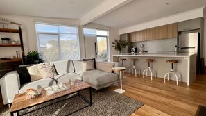 Televisie, een open haard, een dvd-speler en boeken