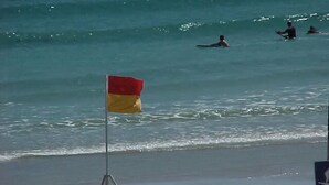 A beach with a flag on a pole.