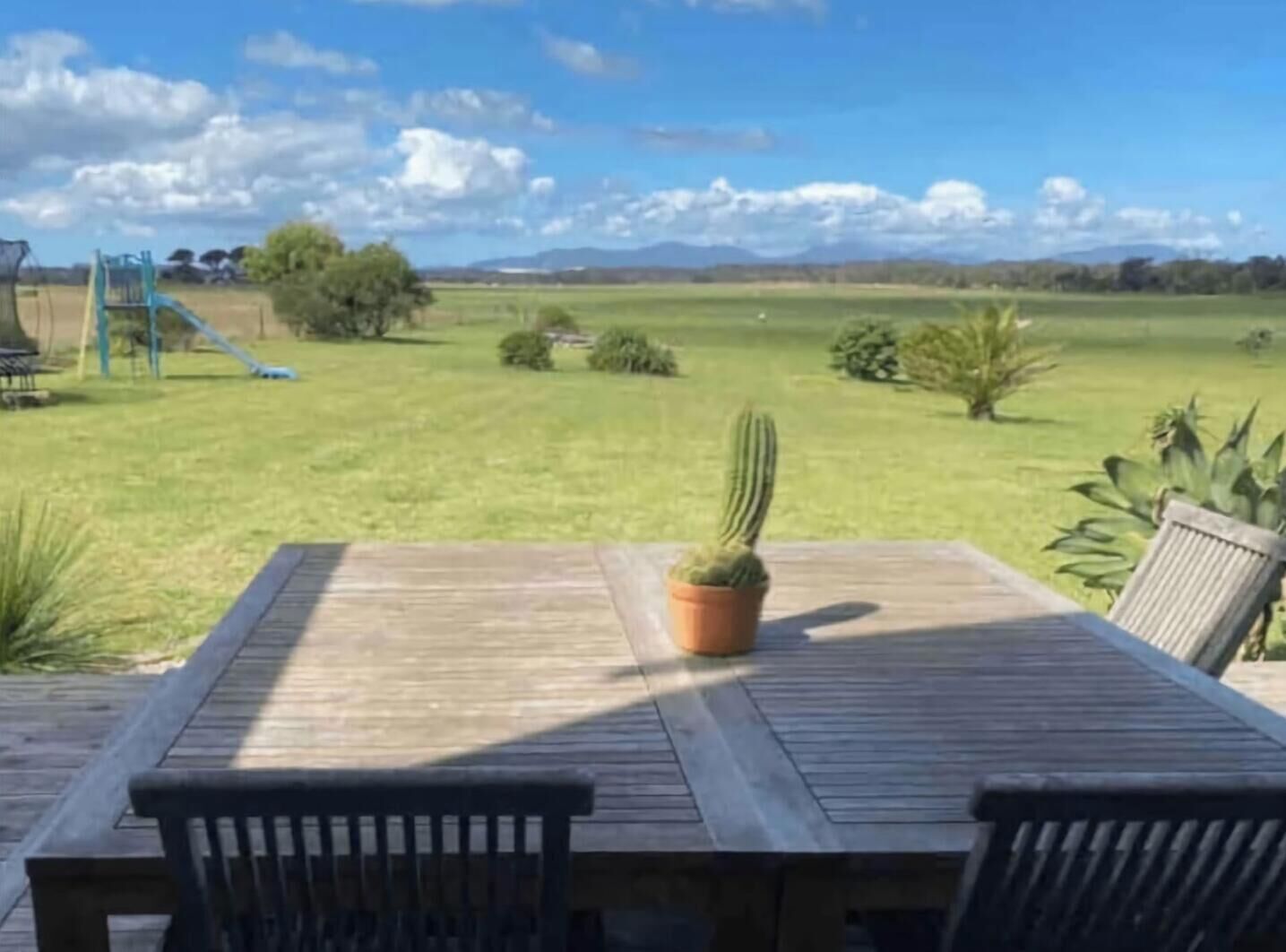 Une terrasse en bois avec une table et des chaises, un cactus en pot et, au fond, une aire de jeux.
