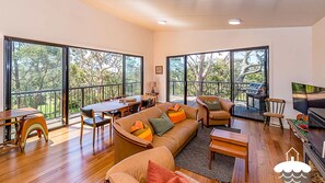 TV, fireplace, books